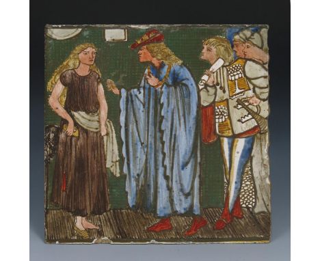 Cinderella - The Slipper Fits a rare Morris and Co tile designed by Edward Burne-Jones,  depicting Cinderella holding the mat