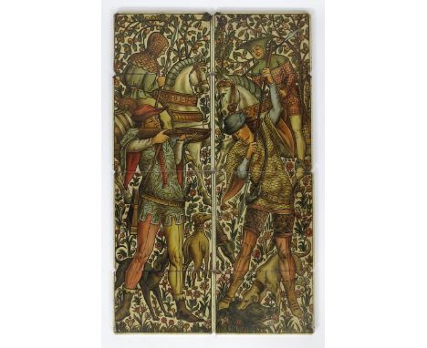 Two large Maw &amp; Co four tile panels, each depicting a medieval hunting scene, one depicting a crossbowman and hounds, the
