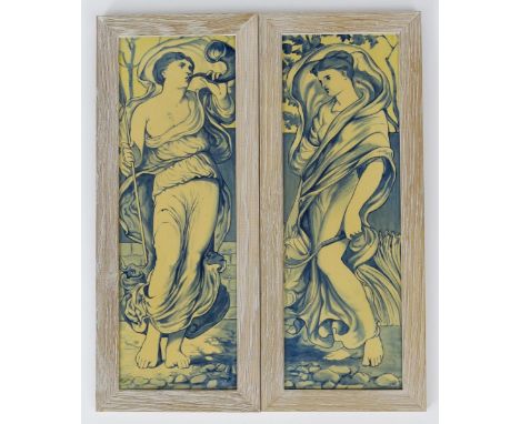 A pair of Copeland tile plaques,  each painted with an allegorical maiden, one blowing a horn, the other holding a sickle, in