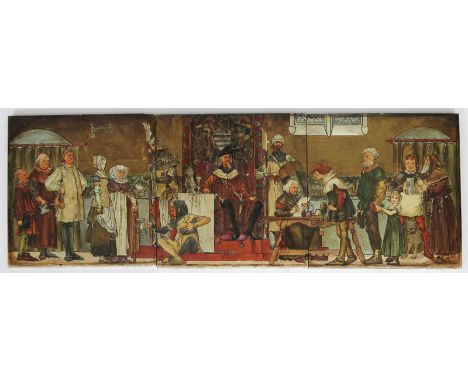 Three large Mintons Chinaworks tiles the design attributed to Henry Stacy-Marks,  painted with a medieval king sitting in cou