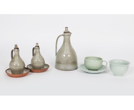 David Leach OBE (1911-2005) a Lowerdown Pottery tin-glazed earthenware cruet set comprising bottle and stopper, Vinegar and o
