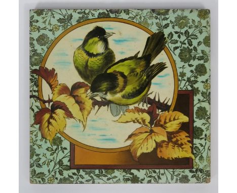 An Aesthetic Movement Doulton Burslem tile, printed and painted with two finches perched on an autumnal tree bough, in colour