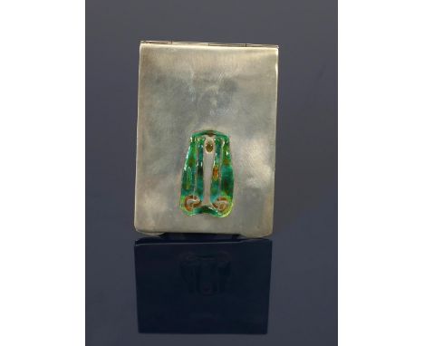 A Liberty &amp; Co Cymric silver and enamel aide memoire,  rectangular hinged form, cast in low relief with Art Nouveau entre