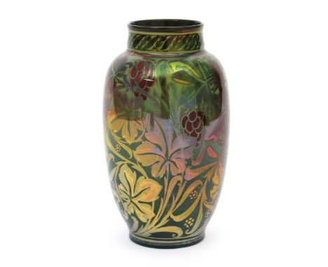 A Pilkington's Lancastrian vase by Charles Cundall, dated 1910, shouldered cylindrical form, painted with a broad band of vin