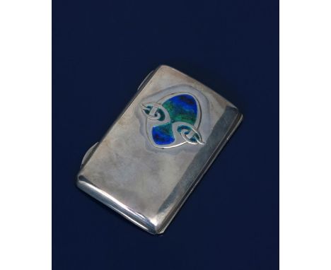 A Liberty &amp; Co silver and enamel case designed by Archibald Knox, rectangular form, cast in low relief with Art Nouveau e