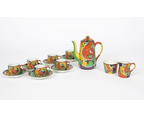 An Art Deco Royal Winton Jazz coffee set for six, painted with a geometric foliate design in colours, comprising; coffee pot 