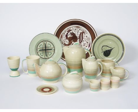 'Graduated Bands' a collection of Susie Cooper, including a Kestrel shape teapot and cover, hot-water pot and cover, coffee p