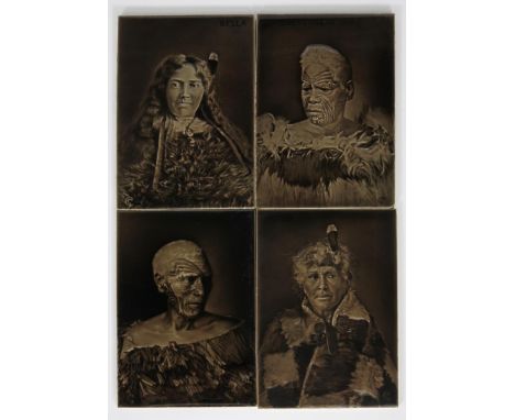 A rare set of four Sherwin &amp; Cotton Maori tiles designed by George Cartlidge,  each with sepia portrait, comprising Bella