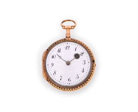 MARCHAND, PARIS A THREE COLOUR GOLD, ENAMEL AND WHITE STONE OPEN FACE POCKET WATCH, CIRCA 1800Movement: Verge fusee, underspr