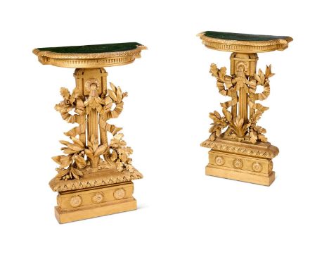 A PAIR OF GILTWOOD CONSOLE TABLES IN LOUIS XVI STYLE   LAST QUARTER 19TH CENTURY   Each with a simulated marble top decorated