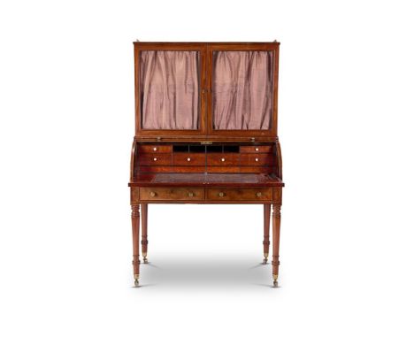 A GEORGE III MAHOGANY CYLINDER DEST AND BOOKCASE DESK   EARLY 19TH CENTURY   The superstructure a bras three-quarter gallery 