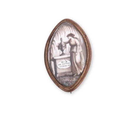 Y&nbspA LATE 18TH CENTURY MOURNING JEWEL A brooch with an ivory plaque painted in sepia and hairwork with a female mourner ne