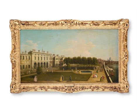 FOLLOWER OF SAMUEL SCOTT  SOMERSET HOUSE, ST PAUL'S CATHEDRAL BEYOND   Oil on canvas  61 x 131cm (24 x 51½ in.) In a carved a
