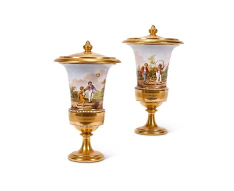 A PAIR OF PARIS PORCELAIN (HALLEY) CAMPANA URNS AND COVERS  CIRCA 1815  Painted with scenes of children playing with hoops an