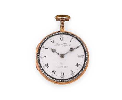FRES VEIGNEUR, PARIS  A GILT METAL, PASTE AND ENAMEL OPEN FACE POCKET WATCH, NO. 6410Movement: Verge fusee, undersprung three