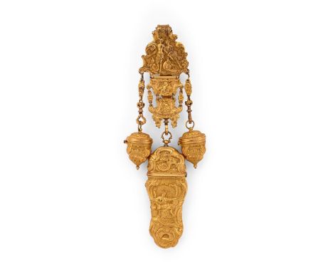 A GEORGE III CASED CHATELAINE  CIRCA 1780  The gilt brass chatelaine with Hermes and Aphrodite and depictions of Cupid, scrol