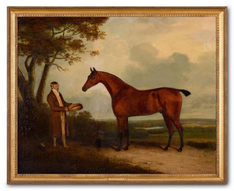 HENRY BERNARD CHALON (BRITISH 1770-1849)  A BAY HUNTER WITH A GROOM IN BRETTON PARK YORKSHIRE   Oil on canvas   Indistinctly 