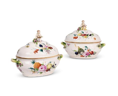 A PAIR OF BERLIN (OUTSIDE DECORATED) TWO HANDLED TUREENS AND COVERS  CIRCA 1765  Painted with floral and fruit decoration, th
