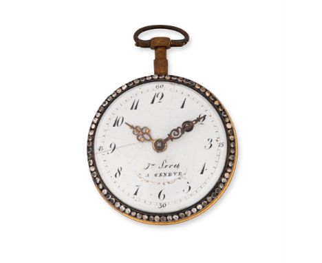 JEAN SORET, GENEVA A GILT METAL, PASTE AND ENAMEL OPEN FACE POCKET WATCH, LATE 18TH CENTURYMovement: Vegre fusee, undersprung