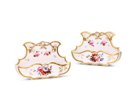 A PAIR OF CHAMBERLAIN'S WORCESTER WALL POCKETS  CIRCA 1830  Painted with flowers within gilt borders, iron red script marks  