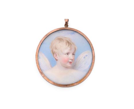 Y &nbspLATE 19TH CENTURY ENGLISH SCHOOL - A PORTRAIT MINIATURE OF A FAIRY CHILD  With spotted wings, cloudy pale blue sky bac