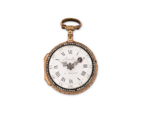 ROMILLY, PARIS A FRENCH GOLD, PASTE AND ENAMEL OPEN FACE POCKET WATCH, NO. 3449Movement: Verge fusee, undersprung three armed