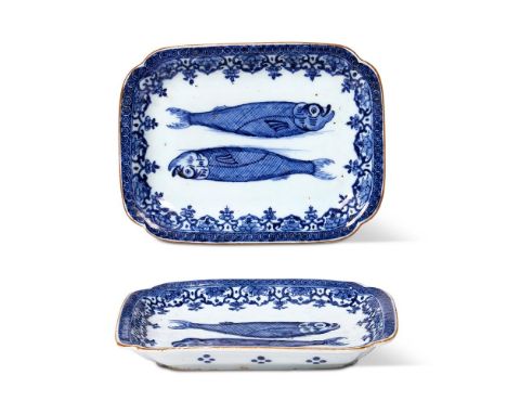 A PAIR OF CHINESE EXPORT BLUE AND WHITE SHAPED 'HERRING' RECTANGULAR DISHES QIANLONG, CIRCA 1765-1775 With re-entrant corners