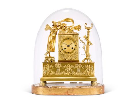 A FRENCH GILT METAL MANTEL CLOCK  MID 19TH CENTURY  The eight-day bell striking movement with outside count wheel, the Roman 