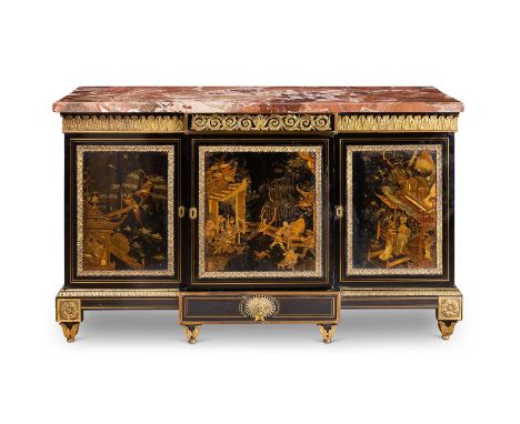 AN ANTIQUARIAN GILT BRONZE AND CHINESE LACQUER-MOUNTED BREAKFRONT SIDE CABINET 19TH CENTURY, OF LOUIS XIV STYLE, THE LACQUER 