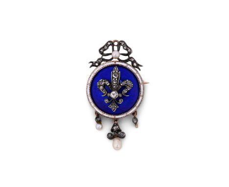 A MID VICTORIAN ENAMELLED AND DIAMOND SET BROOCH/PENDANT  CIRCA 1870  The circular blue guilloche enamel ground with an appli