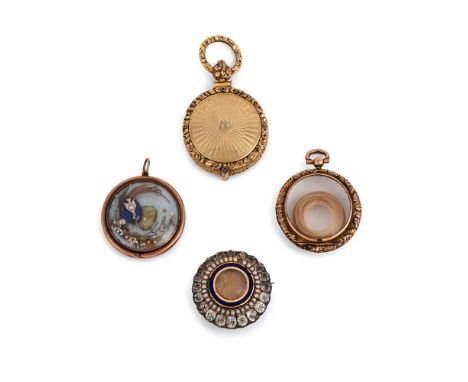 A GROUP OF LATE 18TH/EARLY 19TH CENTURY SENTIMENTAL JEWELS Including: a glazed locket containing a lock of hair within a chas