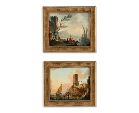 FOLLOWER OF CLAUDE-JOSEPH VERNET MEDITERRANEAN HARBOUR SCENES WITH FIGURES AND VESSELS Oil on canvas, a pair Each 25 x 30cm (