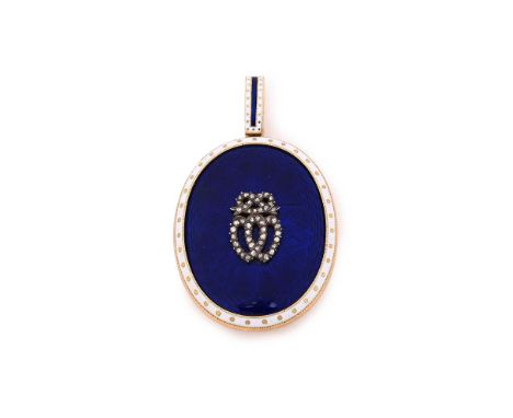 A MID 19TH CENTURY DIAMOND AND ENAMEL SENTIMENTAL LOCKET  The oval blue guilloche enamelled ground with a pair of applied int