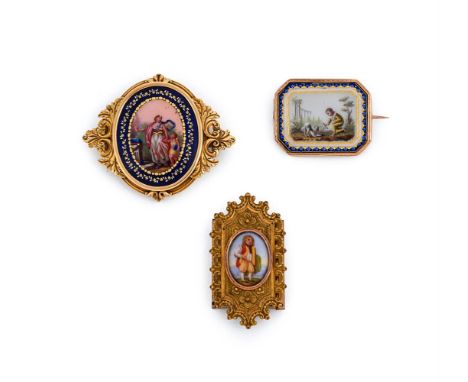 TWO 19TH CENTURY BROOCHES AND A SWISS ENAMELLED BRACELET CLASP  The first brooch with a rectangular panel enamelled with a bo