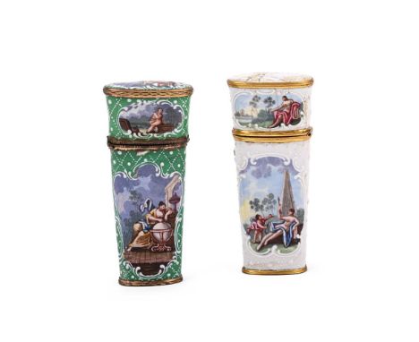 AN ENGLISH ENAMEL ETUI  THIRD QUARTER 18TH CENTURY Painted with classical C-scroll panels in the manner of Sir James Thornhil