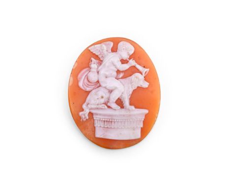 A MID 19TH CENTURY SHELL CAMEO OF CUPID SITTING UPON A SPANIEL  Carved with Cupid playing a horn whilst sitting on a seated d