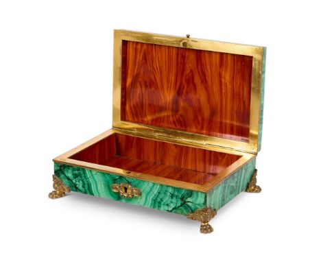 A GILT BRONZE MOUNTED MALACHITE CIGAR BOX RUSSIAN OR FRENCH, 19TH CENTURY Steel carcase with Malachite veneers, tulipwood int