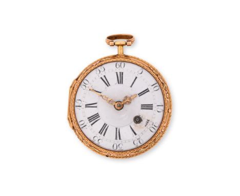 MICHAU, PARIS A GOLD AND ENAMEL OPEN FACE POCKET WATCH, CIRCA 1750Movement: Verge fusee, undersprung three armed balance Case