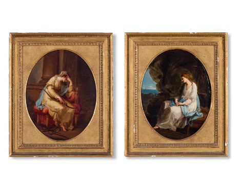 AFTER ANGELICA KAUFFMANN  PENELOPE MOURNING UPON THE BOW OF ODYSSEUS; AND CALYPSO, ABANDONED BY ODYSSEUS  Oil on panel, oval,