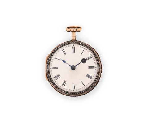 UNSIGNED A SWIS GOLD AND DIAMOND OPEN FACE POCKET WATCHMovement: Skeleton movement, verge fusee, undersprung three armed flat