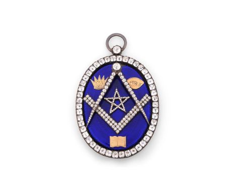 AN EARLY 20TH CENTURY MASONIC MEDAL The blue guilloché enamel ground applied with gilt and paste set Masonic motifs in a foil