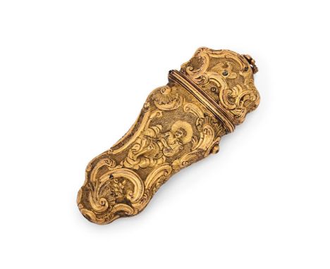 A LATE 18TH CENTURY GILT METAL ETUI  The case with C-scroll decoration and chased with Apollo to one side and another deity t