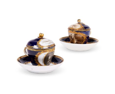 TWO MEISSEN (MARCOLINI) CABINET CUPS AND SAUCERS  CIRCA 1785  Each with monochrome decoration, one with a portrait of Frederi