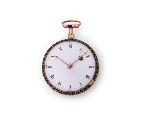 UNSIGNED  A GOLD AND ENAMEL OPEN FACE POCKET WATCHMovement: Cylinder fusee, undersprung three armed balance Case: Gold two pi