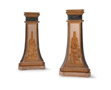 A PAIR OF NORTH EUROPEAN GREY, GOLD AND BLUE PAINTED PEDESTALS  EARLY 20TH CENTURY  Of tapered concave-sided triangular form 