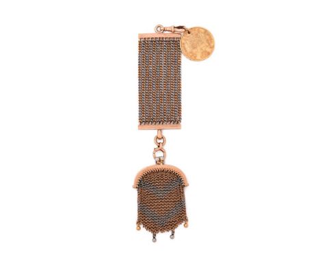 A FRENCH TWO COLOUR COIN PURSE AND CHATELAINE  The mesh link purse with chevron two colour design, bead clasp and drops, Fren