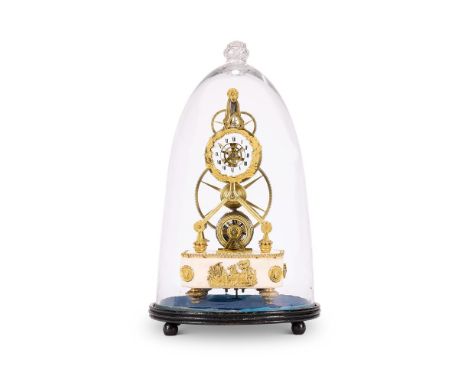 A GILT METAL AND WHITE MARBLE SKELETON TIMEPIECE  EARLY TO MID 19TH CENTURY  With eight-day single fusee movement, the white 