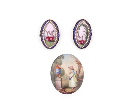 A 19TH CENTURY MINIATURE ENAMEL MEMORIAL PLAQUE  Finely painted with fashionably dressed young girl attending a memorial urn 