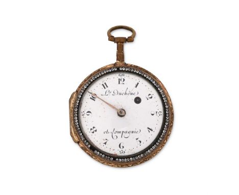 DUCHENE ET COMPAGNIE A GILT METAL, PASTE AND ENAMEL OPEN FACE POCKET WATCH, NO. 39236Movement: Verge fusee Case: Gilt metal t