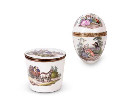 A MEISSEN GOLD MOUNTED SNUFF BOX OR BONBONNIERE OF TAPERED CYLINDRICAL FORM  CIRCA 1750   Painted with rustic vignettes in th